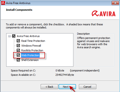 Make sure that the component "Web Protection" is set activ and confirm with a click on Next