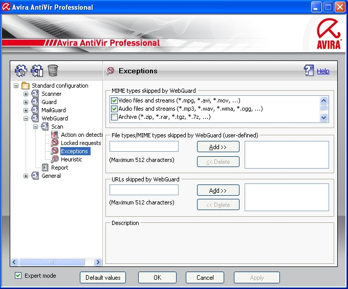 WebGuard configuration - Exceptions