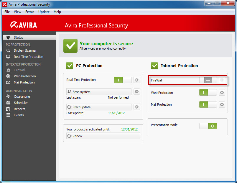 When installing the product Avira Professional Security the FireWall ...